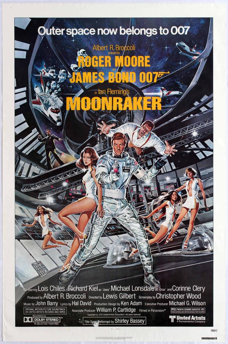 Original Movie Poster Moonraker James Bond USA: Original vintage film poster for Moonraker (1979) a British spy film, the eleventh in the James Bond series starring Roger Moore as MI6 agent James Bond. Directed by Lewis Gilbert, it co-stars Lois Ch