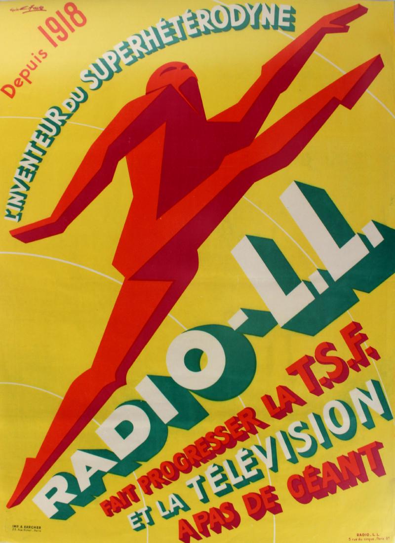 Original Advertising Poster Radio LL Art Deco Favre: Original vintage advertising poster for a French radio company: depuis 1918 - l'inventeur du superheterodyne - Radio LL (Lucien Levy; since 1918 - the inventor of the Superheterodyne circuit). Great A