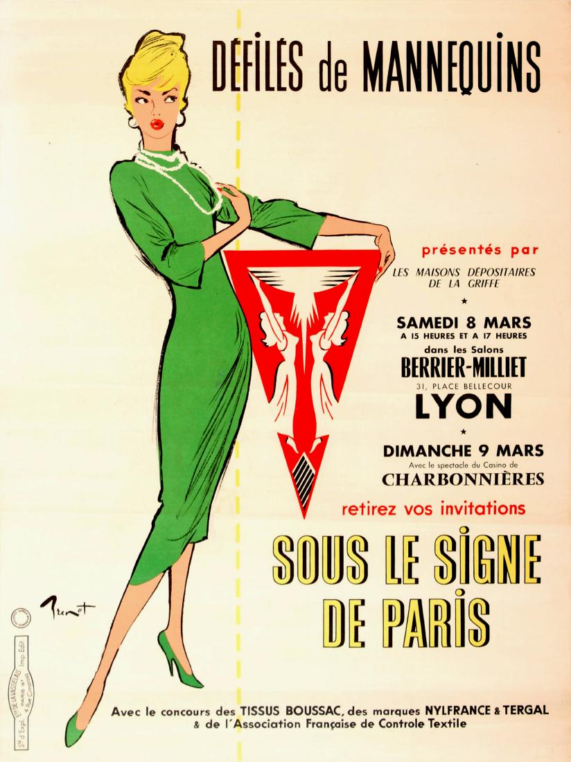 Original Advertising Poster Fashion Models Catwalk: Original vintage advertising poster in French for a fashion catwalk event in Lyon on 8 & 9 March at the Salons Berrier-Milliet. Great image by the notable French poster designer known as the "fath