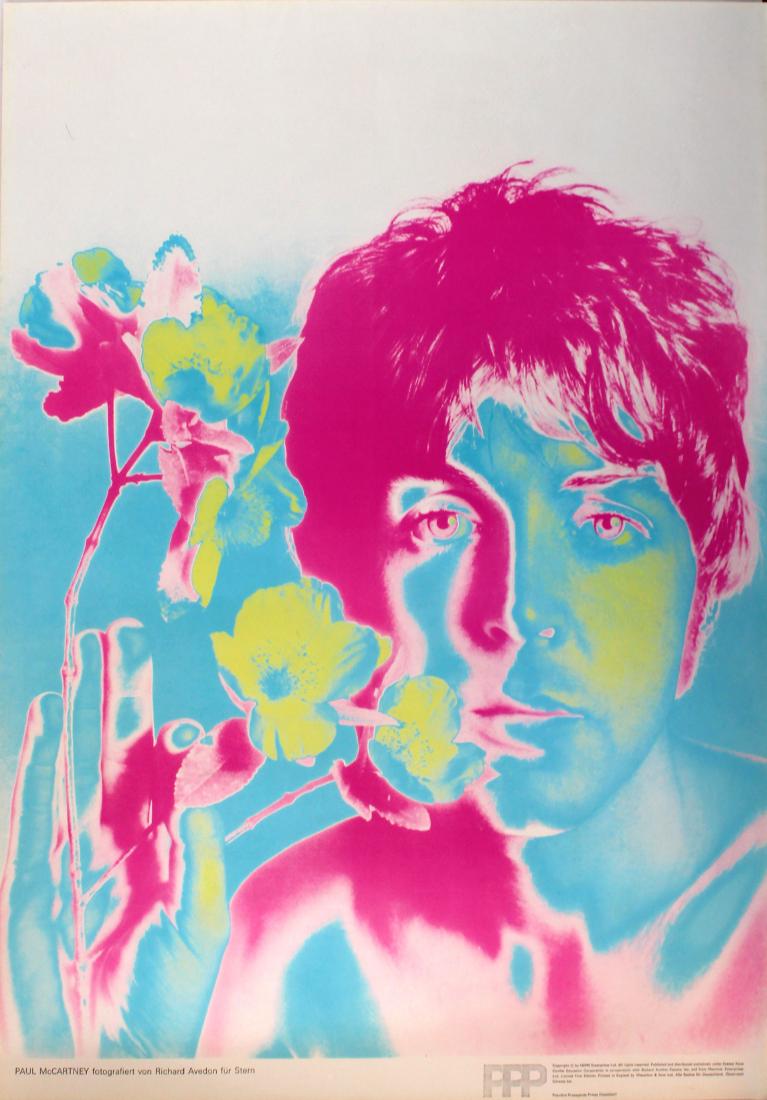 Original Advertising Poster Beatles Paul McCartney: Original vintage poster for The Beatles featuring an iconic psychedelic Pop Art style image of Paul McCartney with pastel flowers. Solarized photo by the American artist, Richard Avedon (1923-2004), e