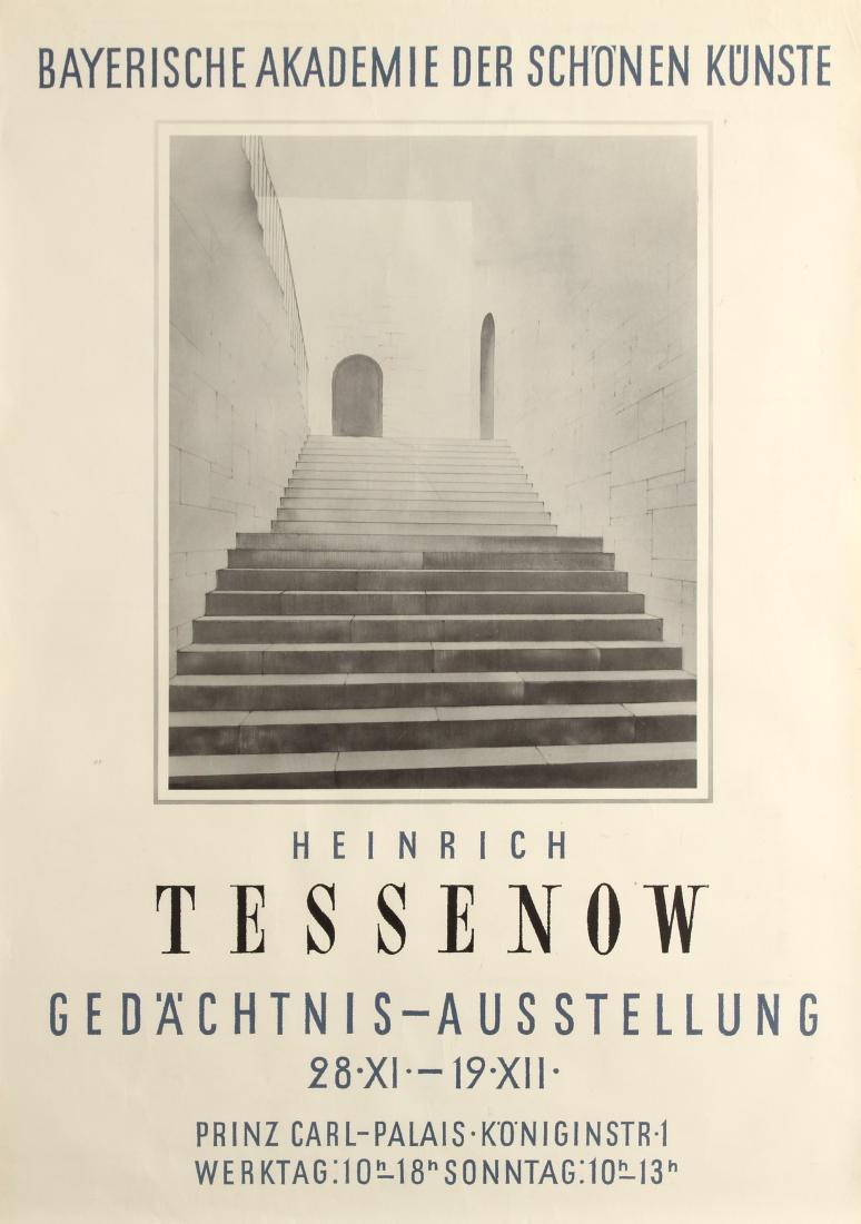 Original Advertising Poster Heinrich Tessenow: Original vintage advertising poster for a retrospective exhibition of works by the notable German architect, professor and urban planner Heinrich Tessenow (1876-1950) at the Bavarian Academy of Fine A