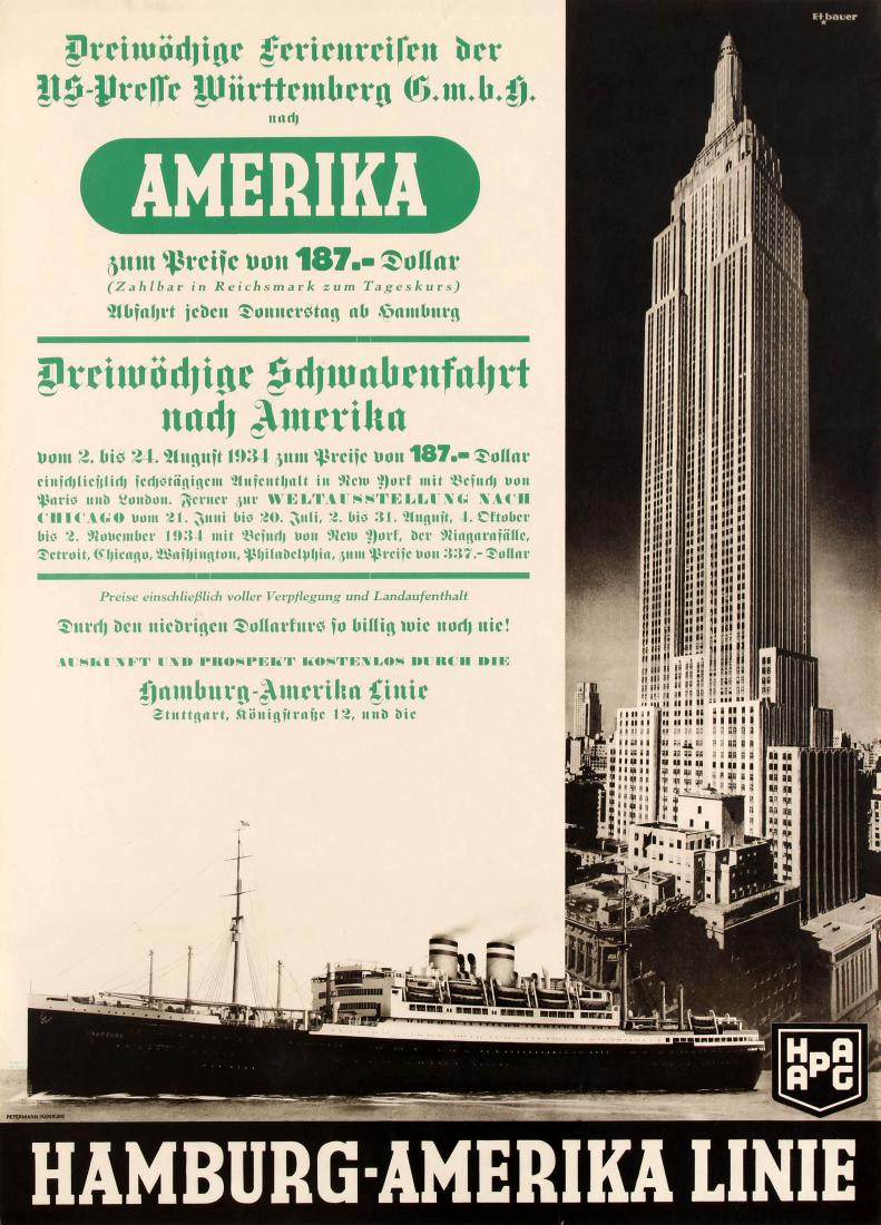 Original Travel Poster Hamburg America Line HAPAG: Original vintage travel advertising poster published in German by the Hamburg-Amerika Linie / Hamburg America Line shipping company (HAPAG) to promote its three week holiday cruise from Hamburg to Ame