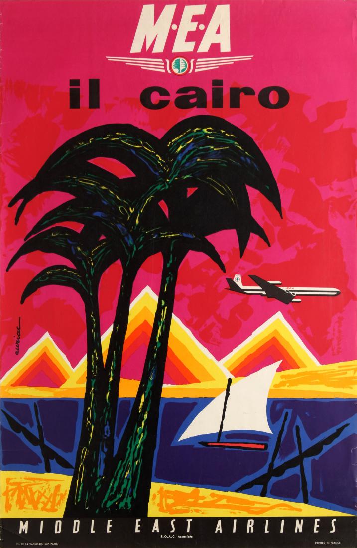 Original Travel Poster Cairo Middle East Airlines MEA: Original vintage travel advertising poster published in Italian promoting Il Cairo / Cairo in Egypt by Middle East Airlines MEA, a British Overseas Airways Corporation BOAC associate. Colourful artwor