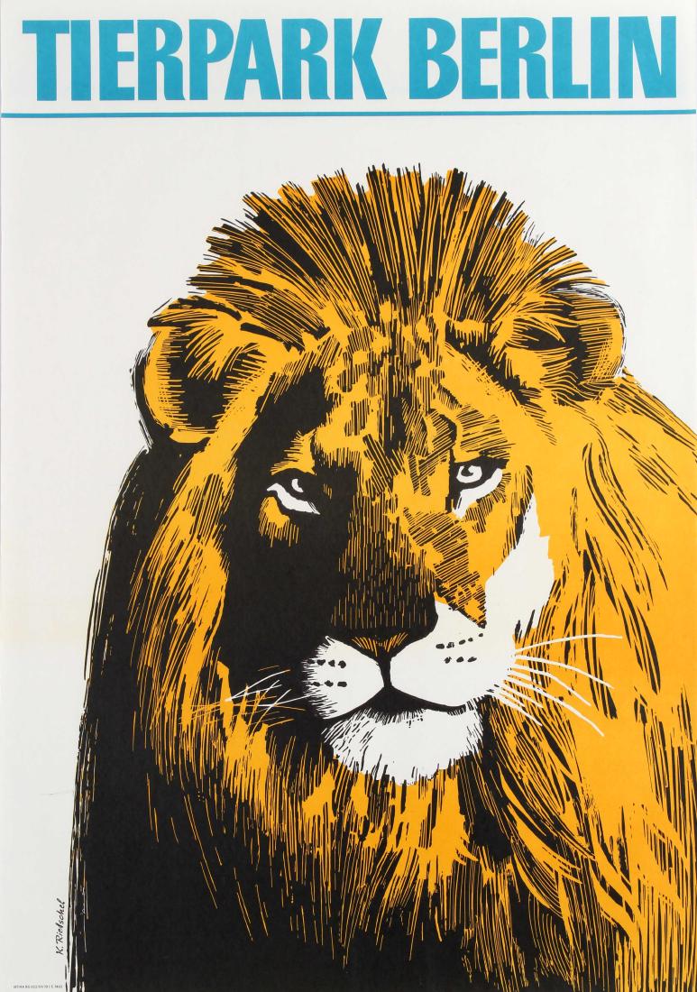 Original Travel Poster Berlin Zoo Lion: Original vintage travel advertising poster for the Berlin Zoo (Tierpark Berlin; founded 1955) featuring a great stylised illustration of a lion looking out towards the viewer with the text above in bl