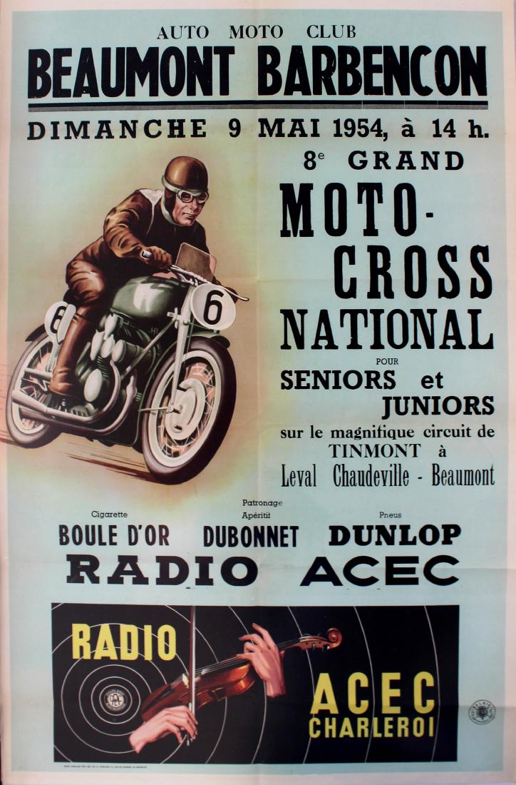Original Sport Poster Moto Cross Beaumont 1954: Original vintage motorcycle racing poster for the Auto Moto Club Beaumont Barbencon Motocross National, Seniors and Juniors, on Sunday 9 May 1954. Image of a motorcyclist on a motorbike with the numbe