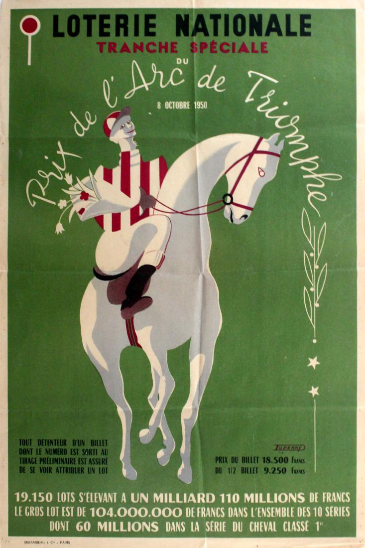 Original Sport Poster Prix de l'Arc de Triomphe Horse: Original vintage National Lottery advertising poster for the Loterie Nationale Tranche Speciale du Prix de l'Arc de Triomphe, 8 Octobre 1950. Image on a green background of a winning jockey wearing re