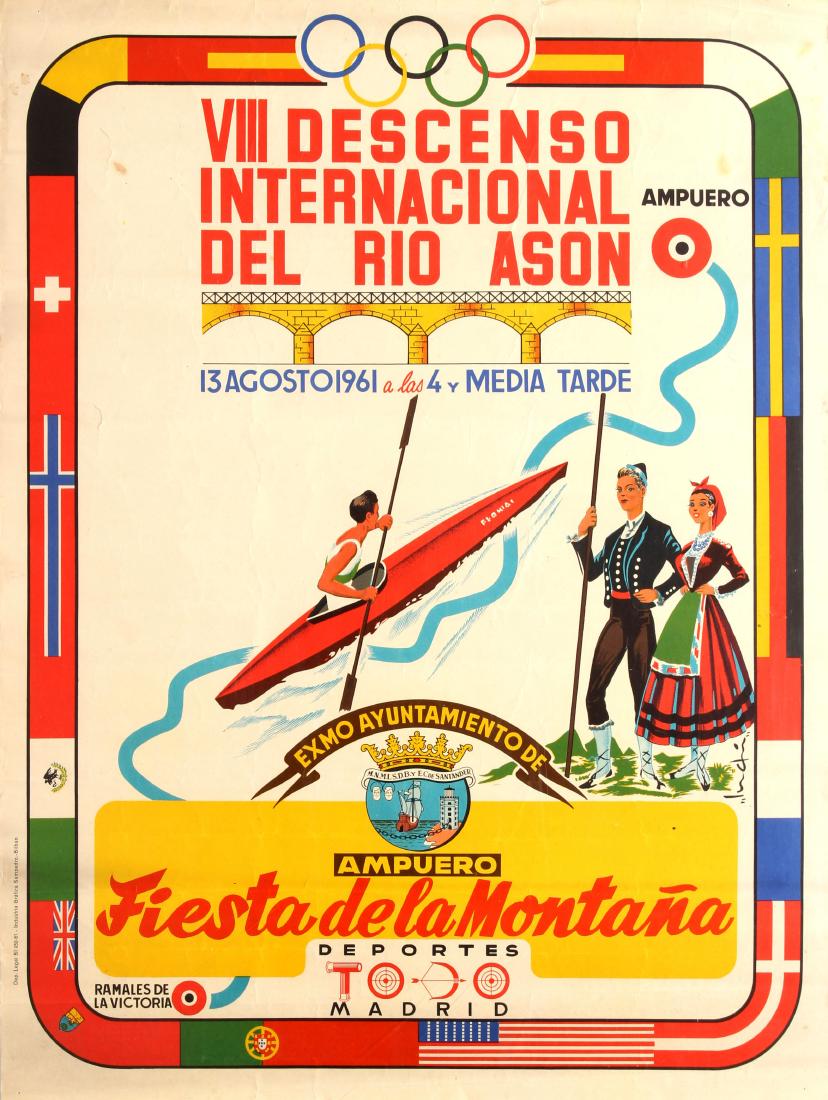 Original Sport Poster Kayaking Rio Ason River Spain: Original vintage sport poster in Spanish for the 8th International Descent of the Ason River 13 August 1961 Town Hall of Ampuero Mountains Festival. Colourful image of a man rowing a kayak down the ri