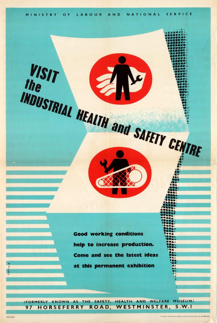 Original Propaganda Poster Industrial Health Safety: Original vintage propaganda poster published by the Ministry of Labour and National Service: Visit the Industrial Health and Safety Centre - Good working conditions help to increase production. Come a