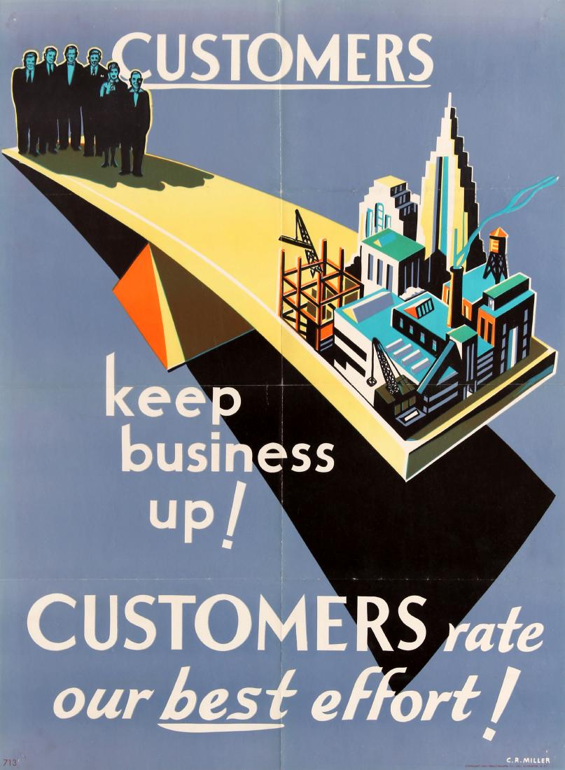 Original Propaganda Poster Customers Keep Business Up: Original vintage workplace motivational poster - Customers keep business up! Customers rate our best effort! - featuring a stylised design of a wooden seesaw balance board with people standing on the 