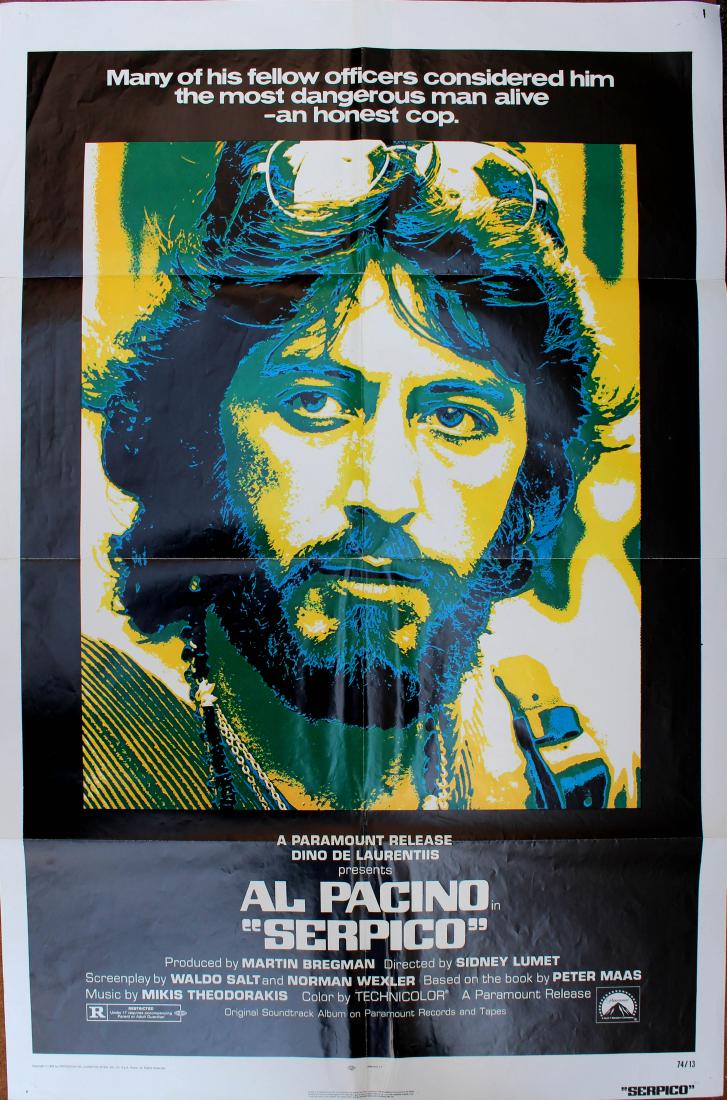 Movie Poster Serpico Al Pacino: Original vintage film poster for Serpico, a 1973 AmericanÂ neo-noirÂ crimeÂ drama filmÂ directed byÂ Sidney Lumet, and starringÂ Al Pacino.Â Waldo SaltÂ andÂ Norman WexlerÂ wrote t