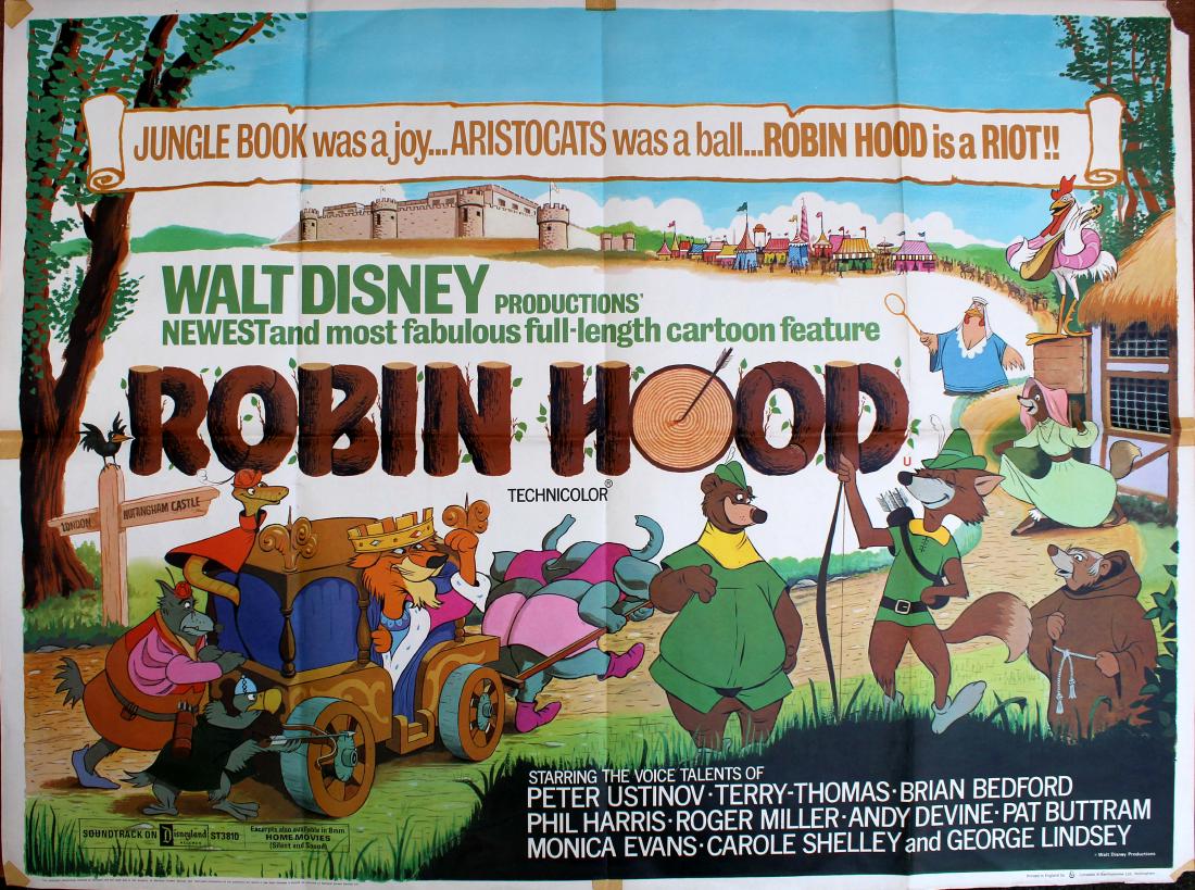 Movie Poster Robin Hood Disney: Original vintage film poster for Robin Hood, a 1973 American animated musical comedy-adventure film produced by Walt Disney Productions which was first released in the United States on November 8, 197