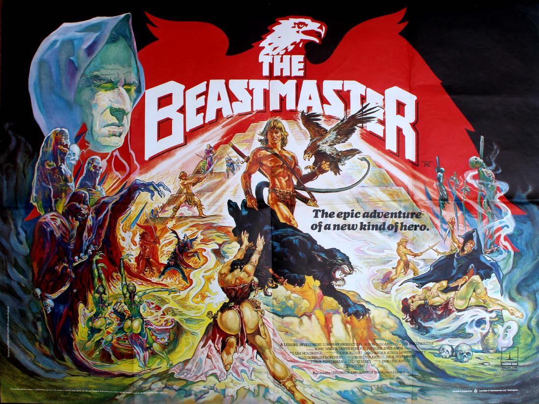 Movie Poster The Beastmaster Fantasy SciFi: Original vintage film poster for The Beastmaster, a 1982 sword and sorcery film directed by Don Coscarelli and starring Marc Singer, Tanya Roberts, John Amos and Rip Torn. The film is about a child wh