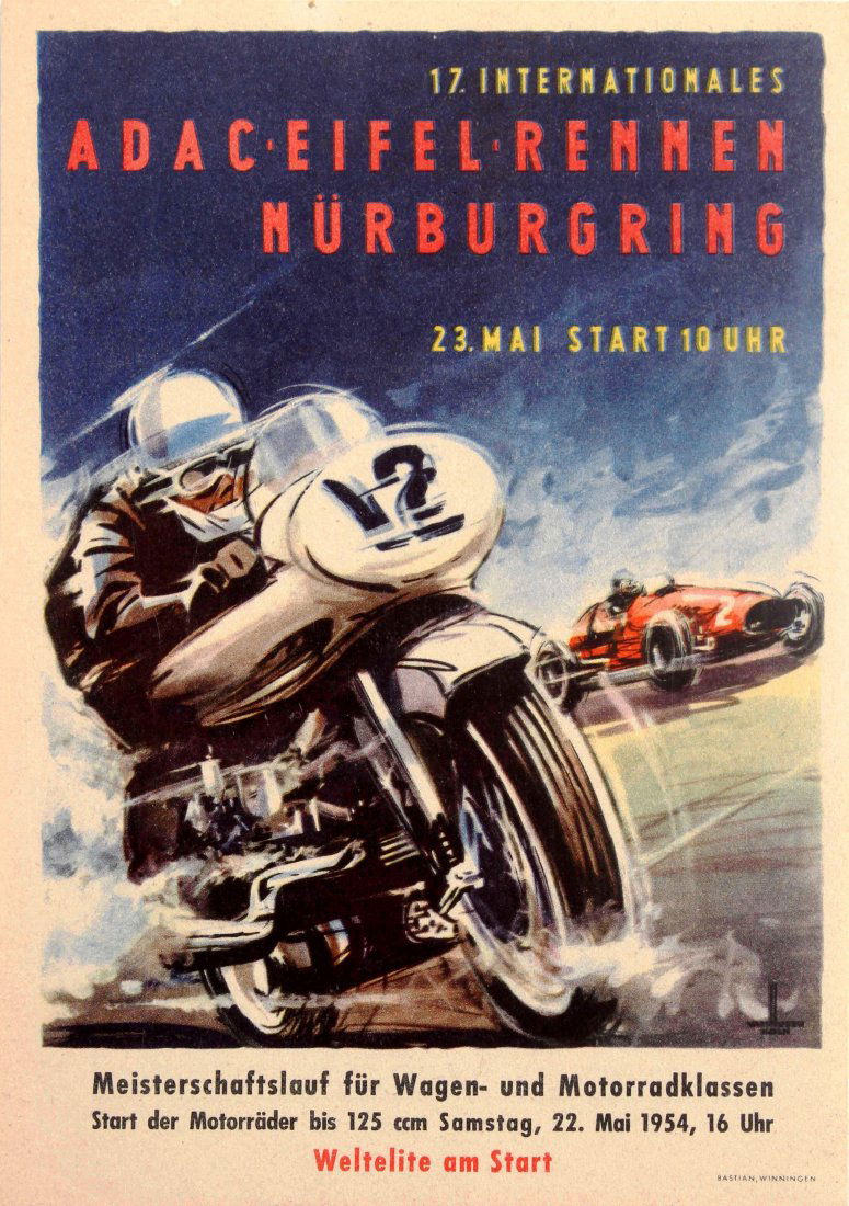 Sport Poster Auto ADAC Eifelrennen Motorcycle Race: Original vintage sport poster in German for the 17th International ADAC Eifelrennen Championship Race for Cars and Motorbikes on 23 May 1954 at Nurburgring in the Eifel mountain region in Germany, org