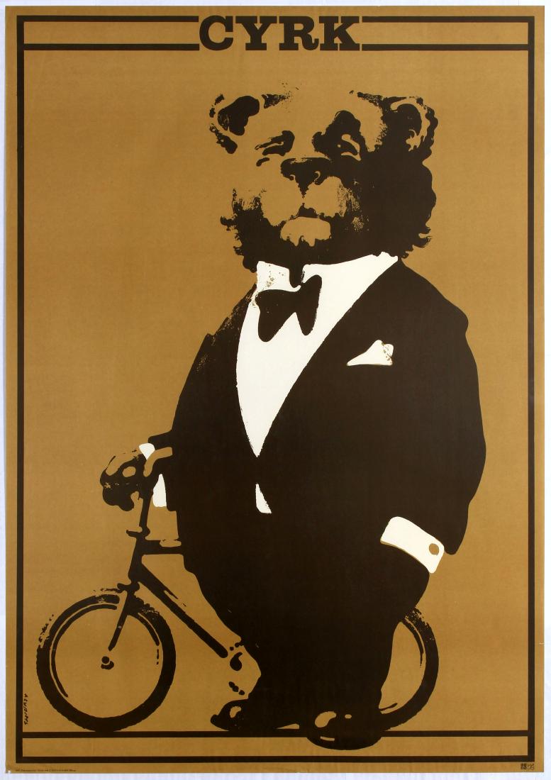 Advertising Poster Cyrk Bear in Tuxedo Bicycle Waldemar: Polish Advertising Original Vintage Poster Cyrk Polish Circus Original Vintage Poster â€“ Bear in Tuxedo with a bicycle â€“ 1974 â€“ Waldemar Swierzy Country: Poland. Year: 1972. Artist