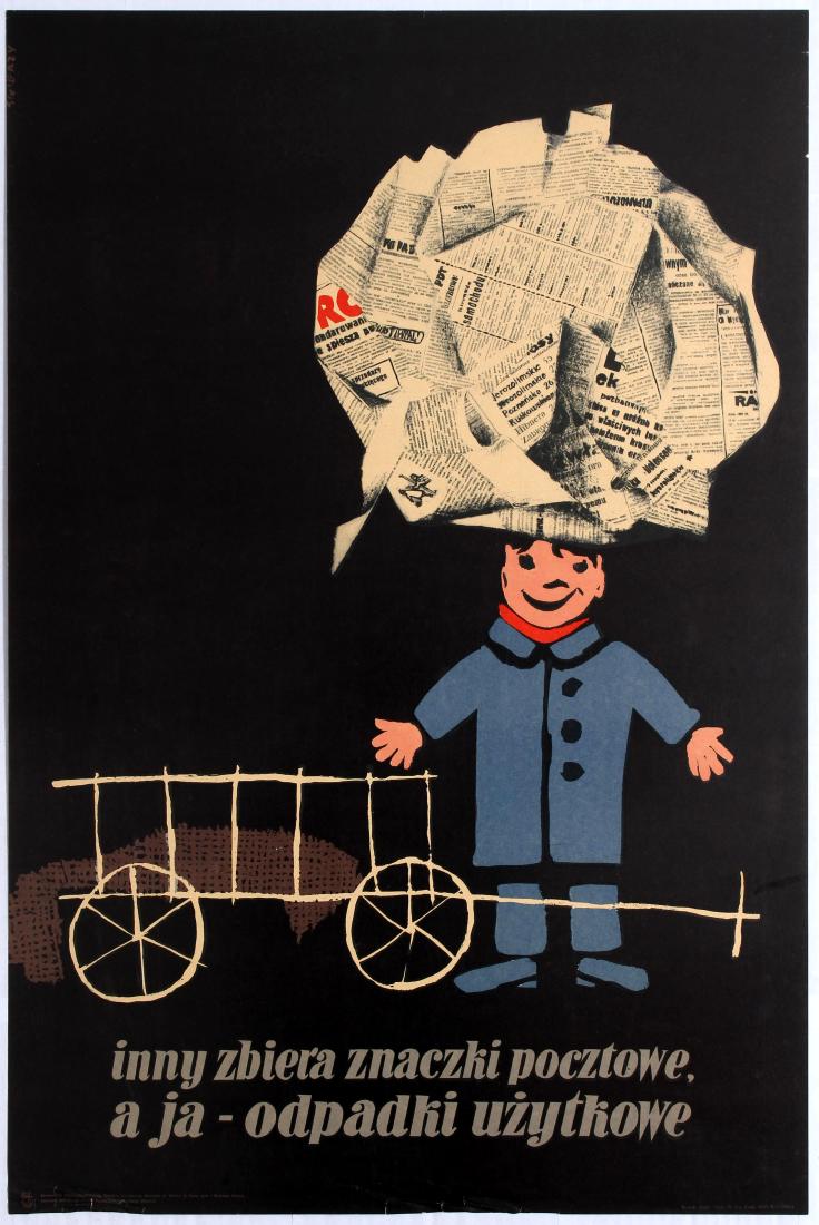 Propaganda Poster Recycling Waldemar Swierzy: Anti-Waste and Recycling Polish Propaganda Original Vintage Poster â€“ Another collects postage stamps, and I â€“ Useable waste, â€“ Waldemar Swierzy Inny zbiera znaczki pocztowe, a ja