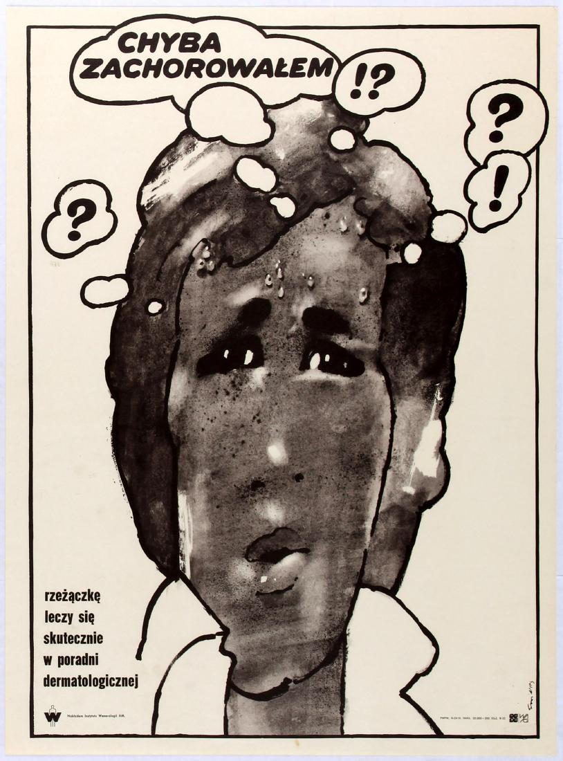 Propaganda Poster Health Venereal Desease Gonorrhea: Polish Propaganda Original Vintage Poster â€“ Health & Social - I think I got sick? (Chyba zachorowalem!?) â€“ Gonorrhoea can be cured in a dermatological clinic. Waldemar Swierzy. Country: 