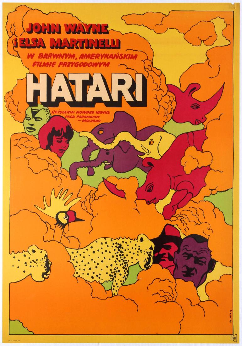 Movie Poster USA Hatari Howard Hawks Waldemar Swierzy: Polish Movie Original Vintage Poster for the American film Hatari directed by Howard Hawks - Waldemar Swierzy Starring John Wayne and Elsa Martinelli - Country: Poland. Year: 1968. Artist: Waldemar Sw