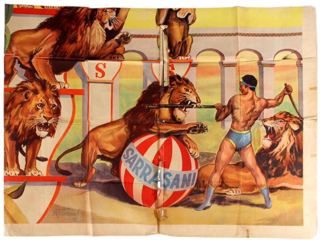 Advertising Poster Circus Sarrasani Lion Tamer Germany: Part of a larger Advertising Original Vintage Poster â€“ Circus Original Vintage Poster â€“ Lions. The legendary Circus Sarrasani was created in Germany in 1901 by a visionary clown and anim