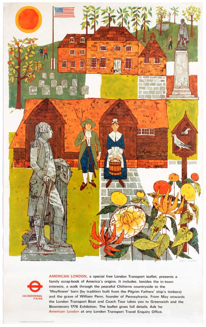 Travel Poster American London Transport USA: Original vintage travel advertising poster printed by the London Transport to celebrate the USA Bicentennial. Text reads: "American London, as special free London Transport leaflet, presents a family 