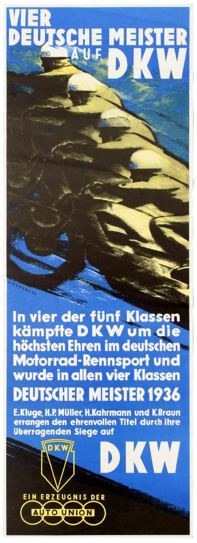 German Sport Poster DKW Auto Union Motorcycle Racing: Original vintage advertising poster promoting a DKW Auto Union brand of motorcycles. The poster hails their victory in four different classes of the 1936 German Championships. Great dynamic image. Deu