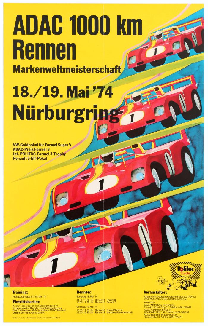 Three Car Racing Sport Posters ADAC Nurburgring Formula: Group of three original vintage car carcing posters. 1. Sport Original Vintage Poster â€“ ADAC 1000Km Rennen Nurburgring 1974 - Motorsport Race Original Vintage Poster Country: Germany. Year: 197