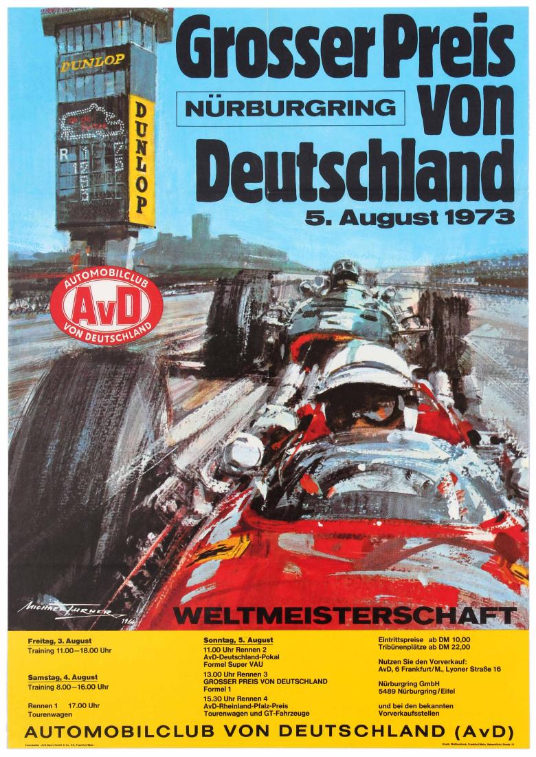 Car Racing Poster German Grand Prix Ferrari Nurburgring: Sport Original Vintage Poster â€“ German Grand Prix 1973 Nurburgring - Motorsport Race Original Vintage Poster. Dynamic image of two racing cars with red Ferrari in the lead. The 1973 German Gran