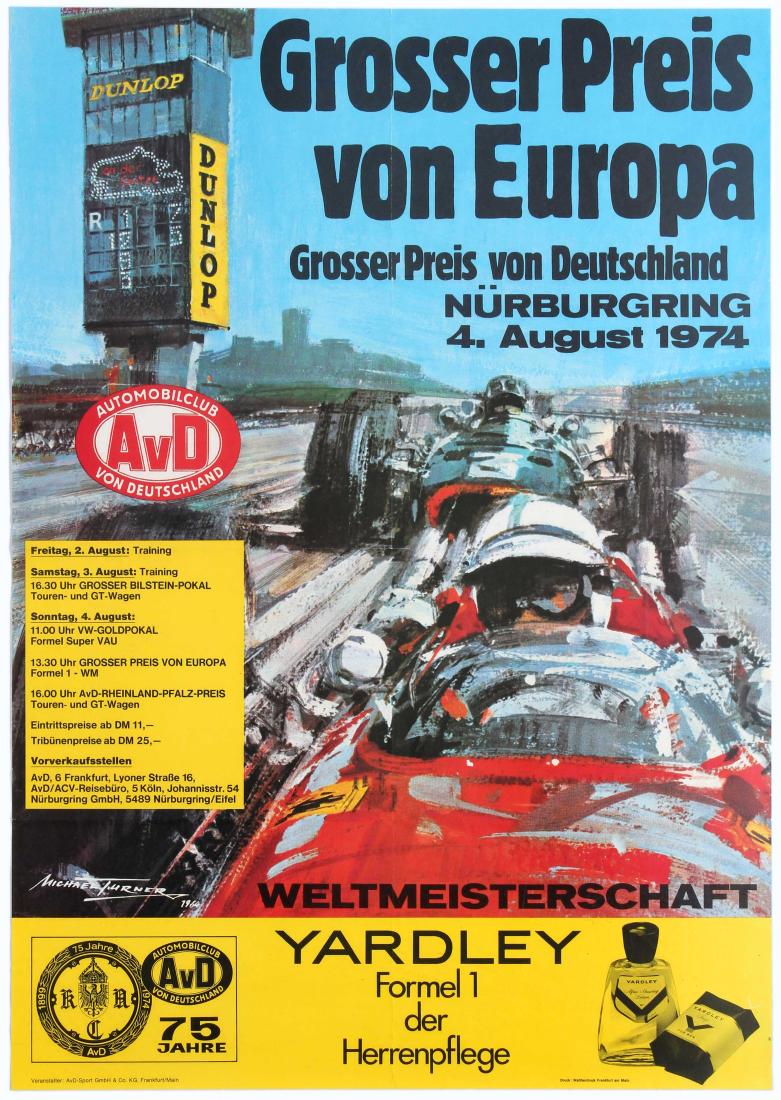 Car Racing Poster Europe Grand Prix Ferrari Nurburgring: Sport Original Vintage Poster â€“ European Grand Prix 1974, German Grand Prix Nurburgring - Motorsport Race. Dynamic image of two racing cars with red Ferrari in the lead. The 1974 German Grand P