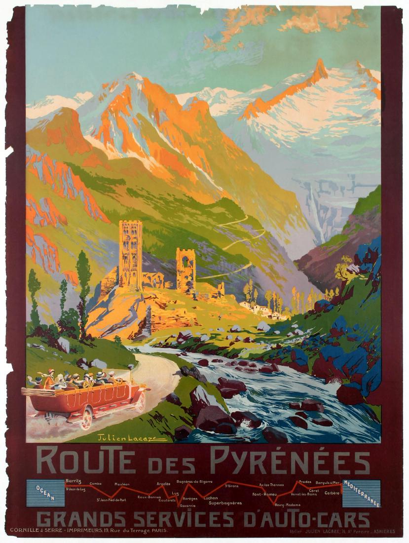 Travel Poster Route des Pyrenees France Mountains: Travel Advertising Original Vintage Poster â€“ Route des Pyrenees, Grands Services d'Autocars - Route of Pyrenes, Coach Services. Country: France. Year: 1920s. Artist: Julien Lacaze. Size (cm): 1