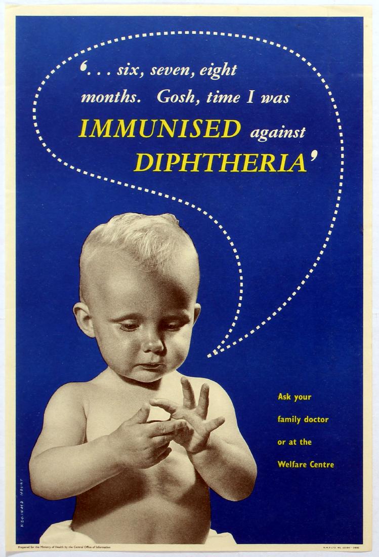 Propaganda Poster Child Immunisation Diphtheria Doctor: Propaganda Original Vintage Poster â€“ â€œ...Six, seven, eight months. Gosh, time I was immunised against Diphtheriaâ€. Issued by the Ministry of Health - Country: UK. Year: 1950s. Artist: