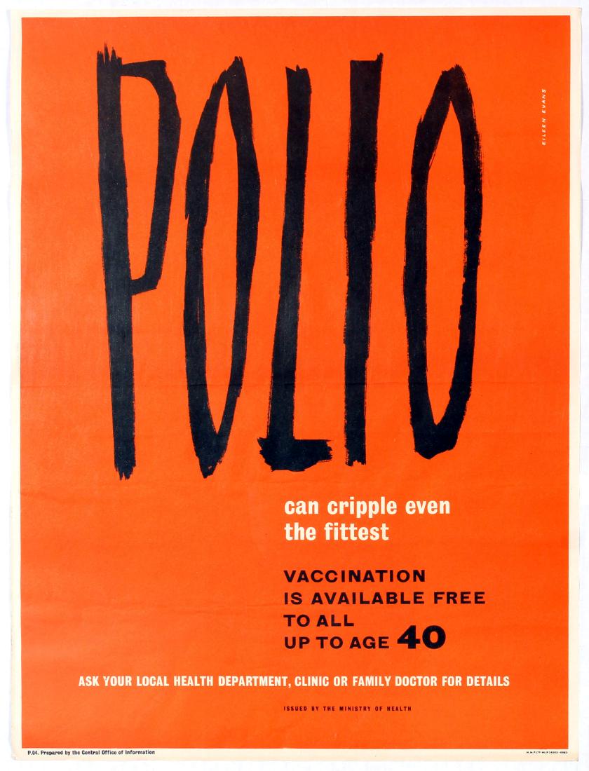Two Propaganda Posters Polio Vaccination Disability: Group of two vaccination propaganda posters. 1. Propaganda Poster â€“ Polio can cripple even the fittest â€“ Vaccination is available free to all up to age 40. Issued by The Ministry of Heal