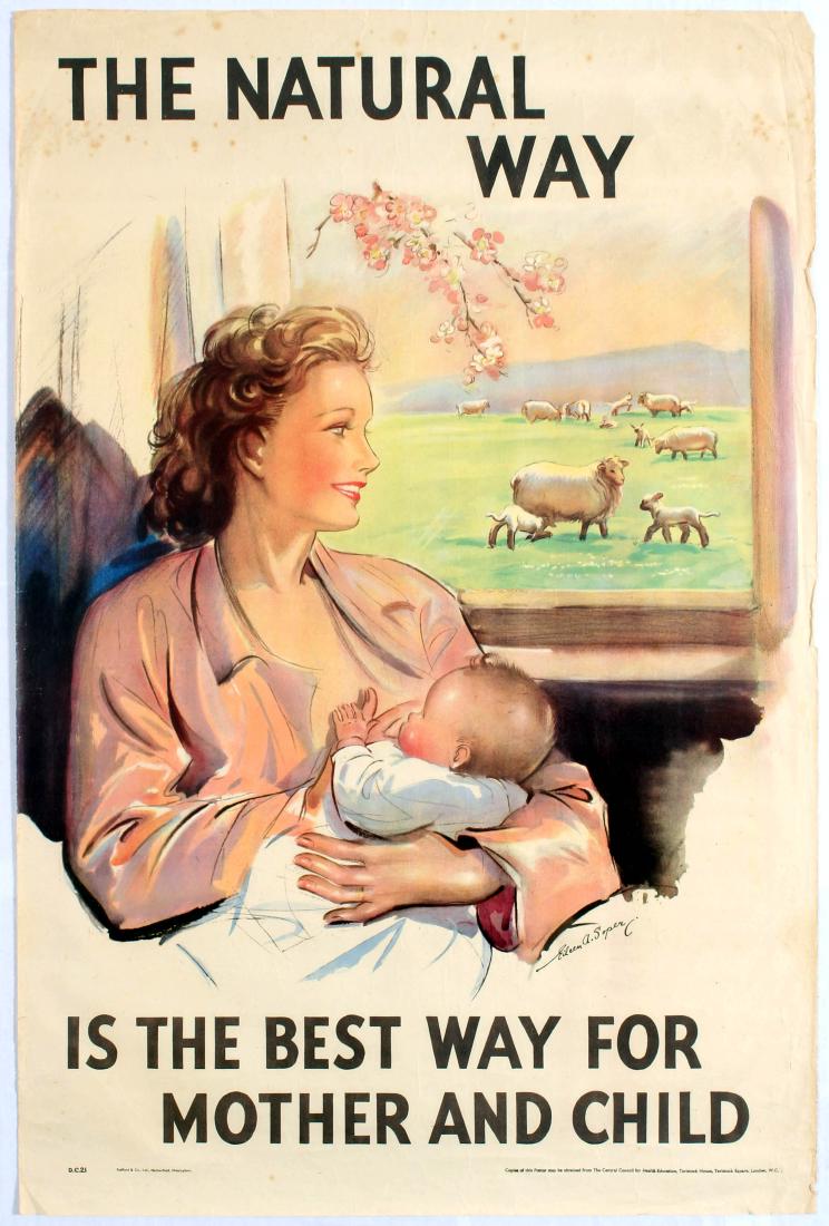 Propaganda Poster Breastfeeding Natural Way Mother: Propaganda Original Vintage Poster â€“ The natural way is the best way for mother and child. Issued by the Central Council for Health Education - Country: UK. Year: 1950s. Artist: Eileen A. Soper