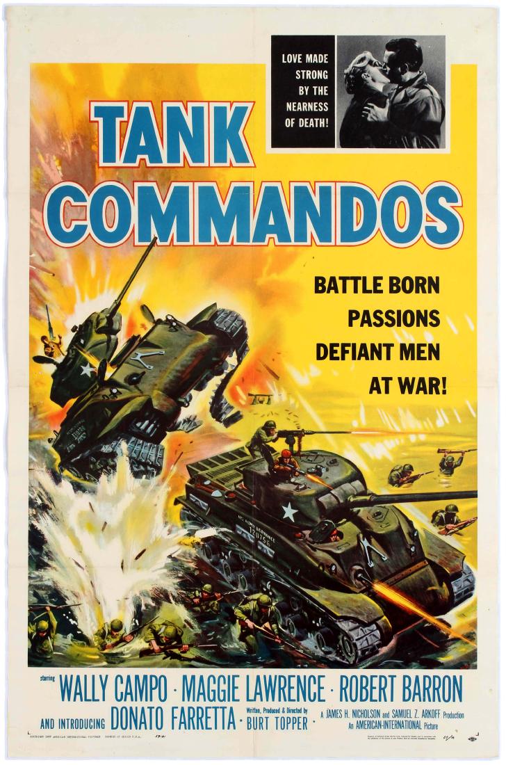 Movie Poster WWII USA Tank Commandos Action Thriller: Movie Original Vintage Poster for the American film Tank Commandos. The movie is the 1959 Burt Topper World War II (WWII) action thriller ("Love made strong by the nearness of death!"; "Battle born pa