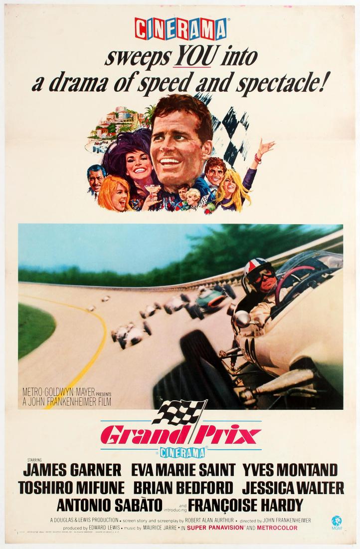 Movie Poster Grand Prix Formula 1 Car Racing: Movie Original Vintage Poster for the car racing film Grand Prix. It is the 1967 John Frankenheimer Cinerama Formula 1 (F1) automobile car racing sports melodrama starring James Garner, Jessica Walter