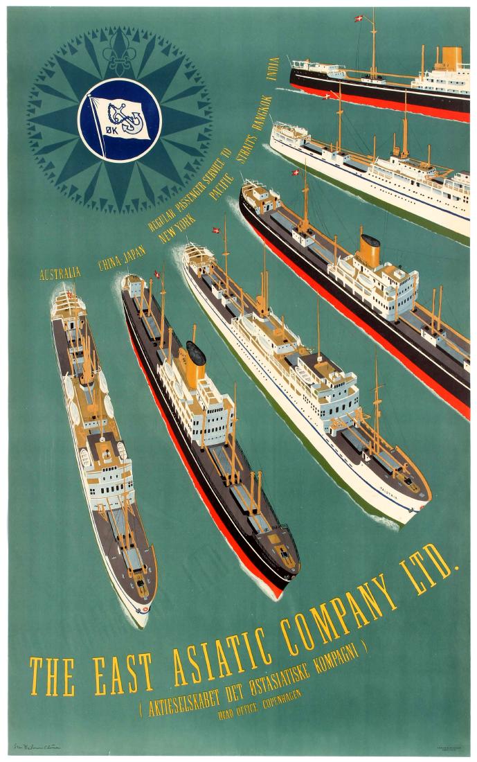 Travel Poster East Asiatic Company Australia China: Travel original vintage poster- The East Asiatic Company Ltd - Regular Services to Australia, China-Japan, New York. East Asiatic Company was founded in 1897 and provided passenger and freight service