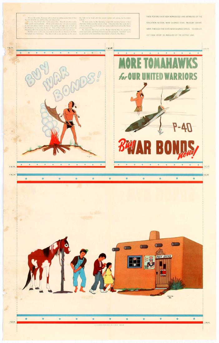 WWII Propaganda Poster War Bonds Tomahawk Warriors USA: Propaganda original vintage poster- Buy War Bonds - More Tomahawks for our United Warriors. Posters designed by students from the United States Indian School in Santa-Fe, New Mexico. The Federal Gover