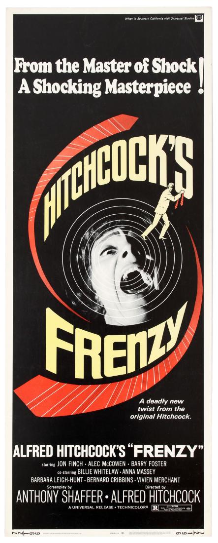 Movie Poster Frenzy Alfred Hitchcock Jon Finch Alec: Movie Original Vintage Poster Frenzy by Alfred Hitchcock Starring Jon Finch, Alec McCowen, Barry Foster. Country: USA. Year: 1972. Artist: Unknown. Size (cm): 91.5x35.5. Very good condition, cracks in