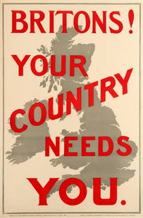 War Poster Britons Your Country Needs You WWI UK: Original antique World War One propaganda poster: Britons! Your Country Needs You. Great design featuring text in big red letters over a map of the British Isles in grey in the background with a grey