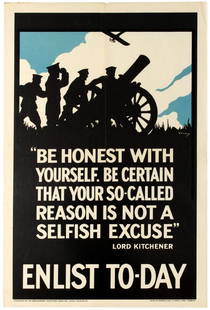 War Poster Be Honest With Yourself Enlist Today UK WWI: Original vintage World War One recruitment poster published by the Parliamentary Recruiting Committee featuring a quote by Field Marshal Lord Kitchener (Horatio Herbert Kitchener, 1st Earl Kitchener;