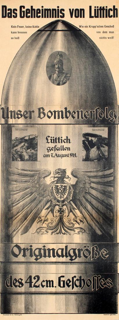 War Poster Big Bertha Cannon Shell WWI Germany: Original antique World War One propaganda poster - Das Geheimnis von Luttich / The Secret of Liege - showing a full size 42cm artillery shell featuring a portrait of Kaiser Wilhelm II with the Imperia