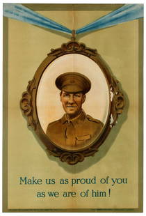 War Poster Make Us Proud Of You WWI UK: Original antique British World War One propaganda poster "Make us as proud of you as we are of him!" featuring a portrait of a smiling British soldier in uniform inside an oval pendant with a blue