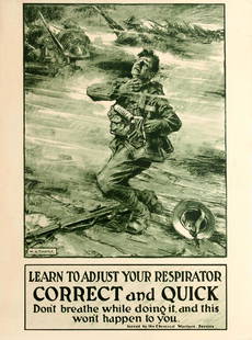 War Poster Learn To Adjust Your Respirator WWI Gas Mask: Original vintage British World War One propaganda poster - Learn to adjust your respirator Correct and Quick Don't breathe while doing it, and this won't happen to you - published by the Chemical