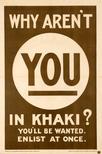 War Poster Why Arent You In Khaki? WWI UK: Original antique World War One recruitment poster issued by the Parliamentary Recruiting Committee - Why Aren't you in Khaki? You'll be wanted. Enlist at once. - featuring the title and text in white