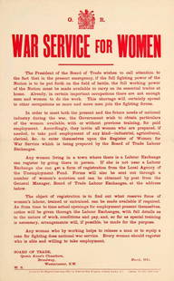 War Poster War Service For Women Labour Exchange WWI: Original antique World War One propaganda poster issued in March 1915 by the President of the Board of Trade wishing "to call attention to the fact that in the present emergency if the full Fighting