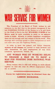 War Poster War Service For Women Board Of Trade WWI: Original antique World War One propaganda poster issued in March 1915 by the President of the Board of Trade inviting all women "to enter themselves upon the new Register of Women for War Service...