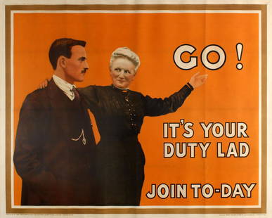 War Poster Your Duty Lad WWI UK Recruitment: Original antique British World War One recruitment poster featuring a smiling lady wearing a black dress and a younger man wearing a smart suit, the lady with one arm around the man's shoulders in a