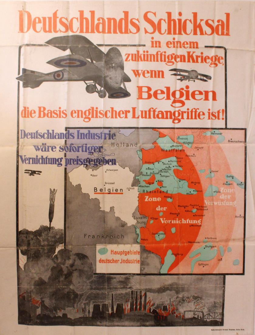 War Poster Deutschlands Schicksal WW1: Original vintage World War One poster: Deutschlands Schicksal in einem zukunftigen Kriege, wenn Belgien die Basis englisher Luftangriffe ist! Deutschlands Industrie ware sofortiger Vernichtung preisge