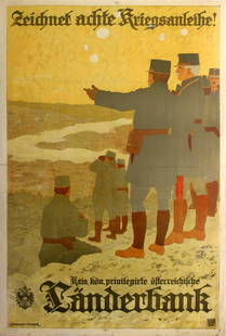 War Poster WWI Germany War Bond: Original vintage World War One German war bond poster for the 8th war loan: Zeichner achte Kriegsanleihe! Image of army officers and soldiers looking over the landscape ahead of them. Good condition,