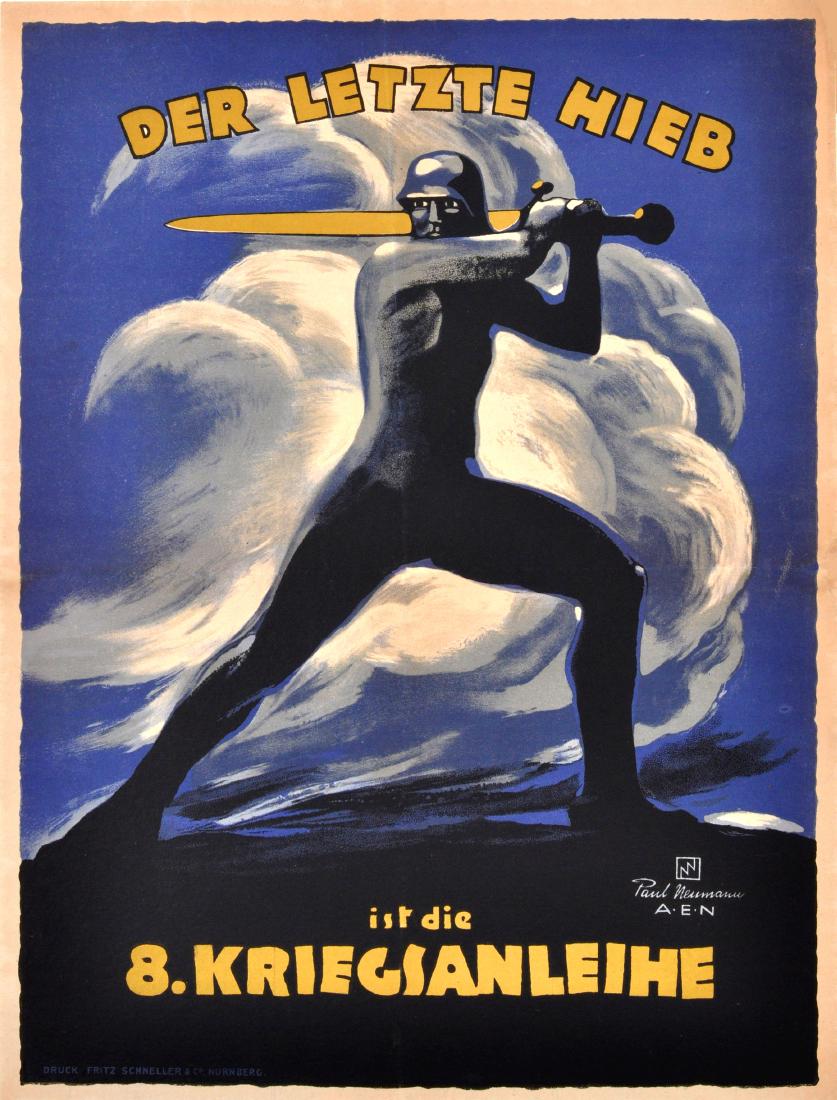 War Poster Der Letzte Hieb WWI: Original vintage World War One poster: Der letzte Hieb ist die 8. Kriegsanleihe (The last blow is the 8th War Loan). Dynamic idealized image on a blue background featuring a soldier wearing a helmet s