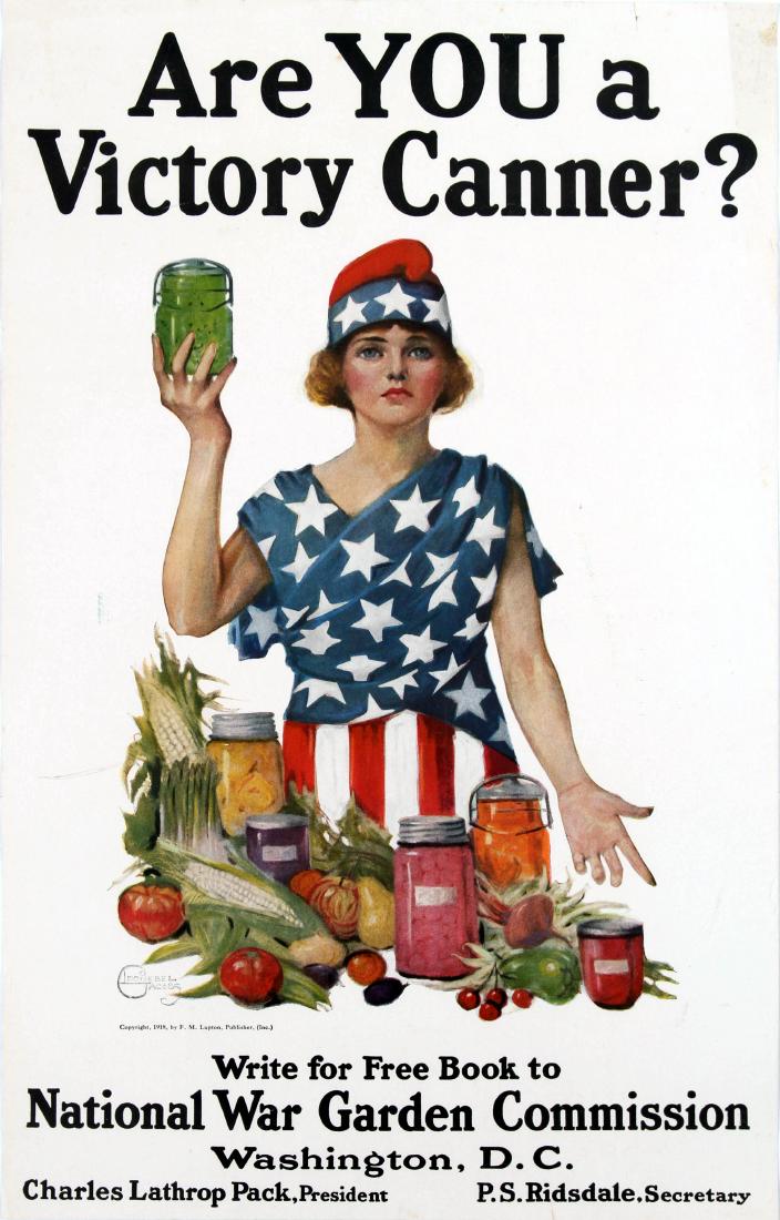 War Poster Are You a Victory Canner? USA WWI: Original vintage World War One propaganda poster: Are You a Victory Canner? Write for Free Book to National War Garden Commission, Washington D.C. Great image featuring a young lady wearing a stars an