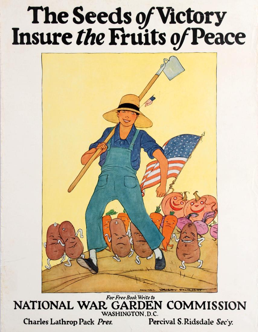 War Poster The Seeds of Victory Fruits of Peace WWI: Original vintage World War One food propaganda poster: The Seeds of Victory Insure the Fruits of Peace National War Garden Commission Washington D.C. Fantastic cartoon style image by the children's il